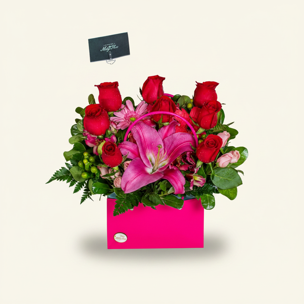Arreglo Cariñosa carterita fucsia con rosas y lirio · Mely Flor