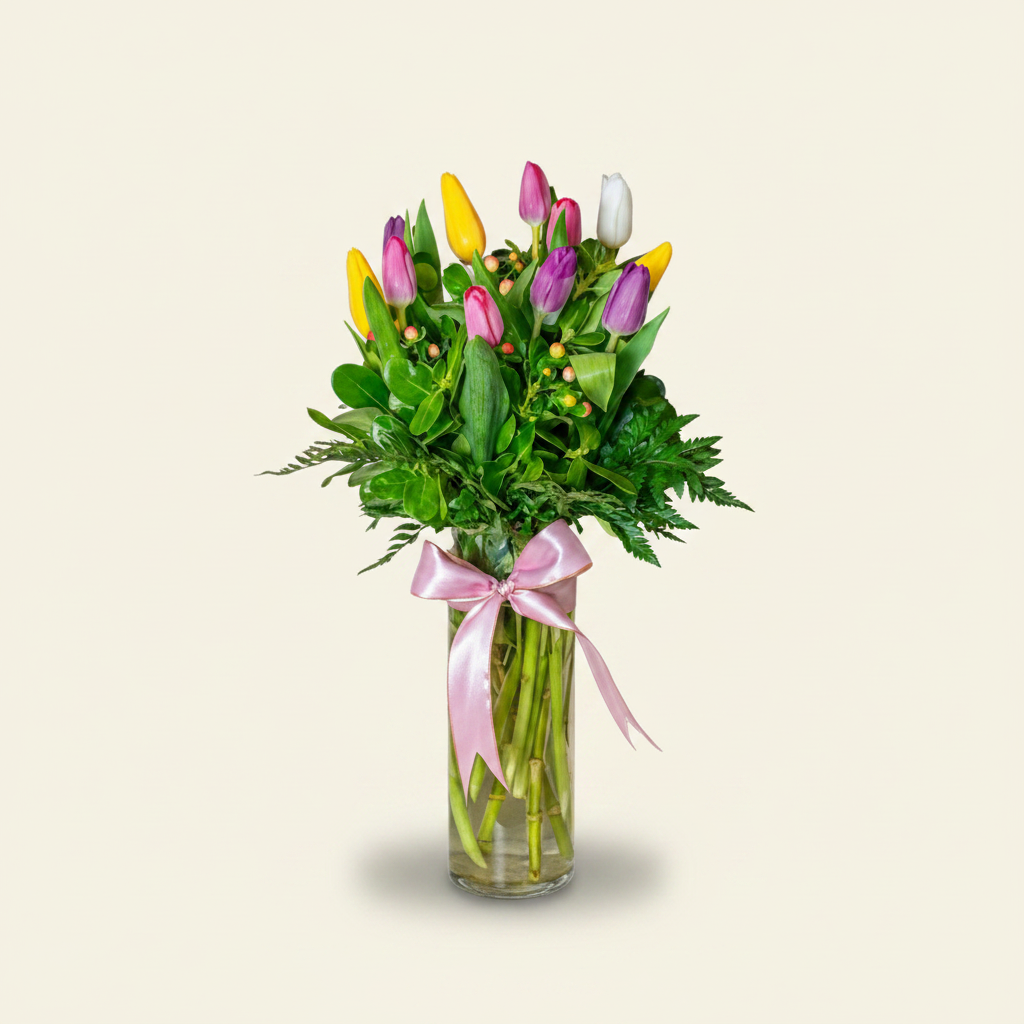 Arreglo Consentida en vaso de vidrio con tulipanes · Mely Flor