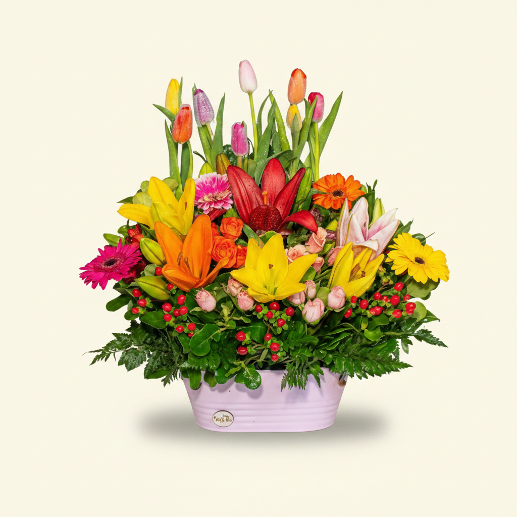 Arreglo Valiente pedestal con tulipanes y mix · Mely Flor